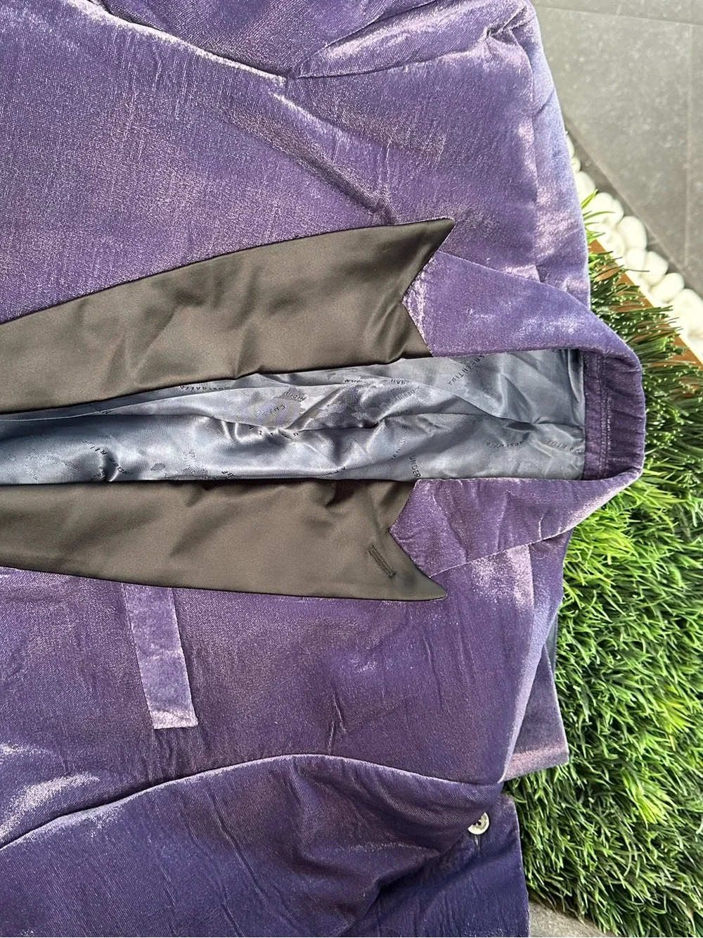 BNWT French Crown Men's Purple Velvet Tuxedo Black Satin jacket 38 pants 32